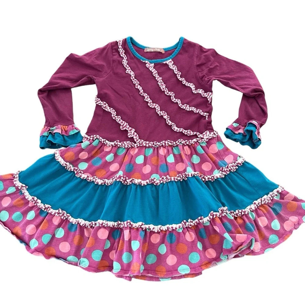 Jelly The Pug Girls‎ size 8 Burgundy Tiered Ruffle Dress Cotton Knit Polka Dot